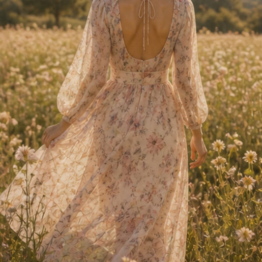 Golden Bloom Chiffon Dress